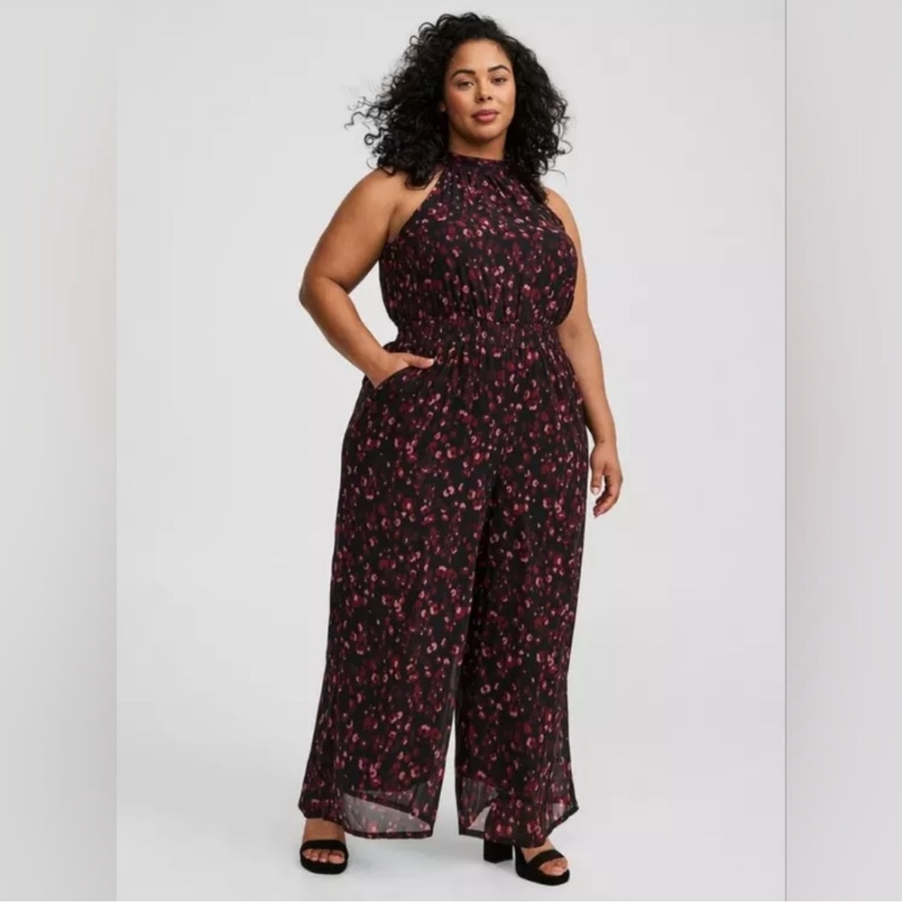 Floral Halter Jumpsuit - Black and Pink
